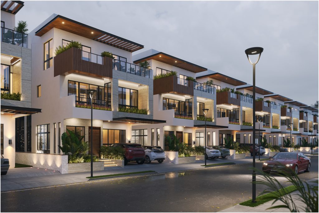 2 Oakland Estates - Row of modern luxury villas with glass balconies and warm exterior lighting