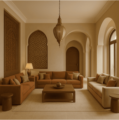 Modern Arabian Elegance Living Room for 2 Oakland Estates villa in North Bangalore.