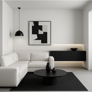 Minimalist Monochrome Living Room Plan for villa in North Bangalore