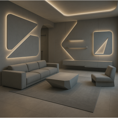 Ultra-Modern Floating Geometry Living Room for 2 Oakland Estates villa in Devanahalli