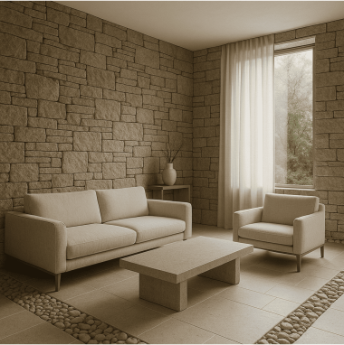 Organic Stone Sanctuary Living Room for 2 Oakland Estates villa in Devanahalli