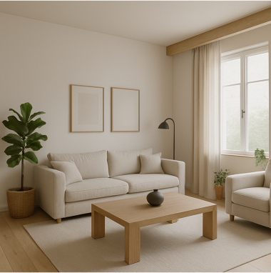 Scandinavian Minimal Warmth Living Room Plan for villa in North Bangalore