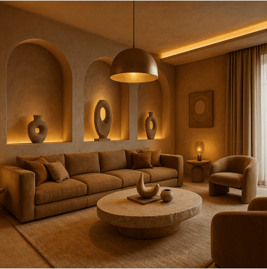 Desert Modern Opulence Living Room for 2 Oakland Estates villa in Devanahalli