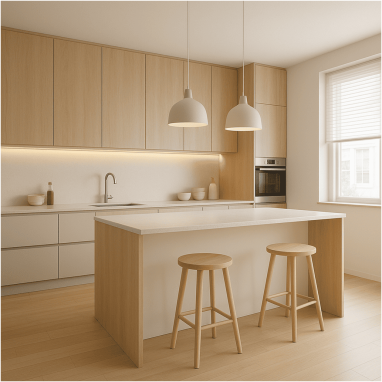 Scandinavian Minimal Warmth Kitchen Design for 2 Oakland Estates villa in Devanahalli.