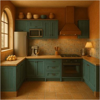 Mediterranean Sun-Kissed Kitchen Design for 2 Oakland Estates villa in Devanahalli.