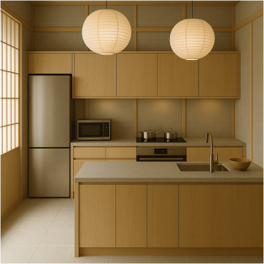 Japanese Zen Minimalism Kitchen Design for 2 Oakland Estates villa in Devanahalli.