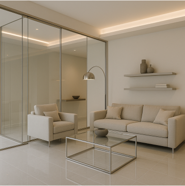 Contemporary Glass & Chrome Living Room Plan for villa in North Bangalore