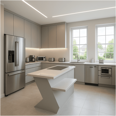 Techno-Minimal Grey Kitchen Design for 2 Oakland Estates villa in Devanahalli.