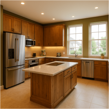 Warm Earth-Tone Organic Kitchen Design for 2 Oakland Estates villa in Devanahalli.