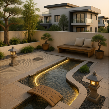 Contemporary Zen Stream Garden Terrace Design for 2 Oakland Estates villa in Bangalore