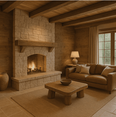 Rustic Earthwood Haven Living Room for 2 Oakland Estates villa in Devanahalli.