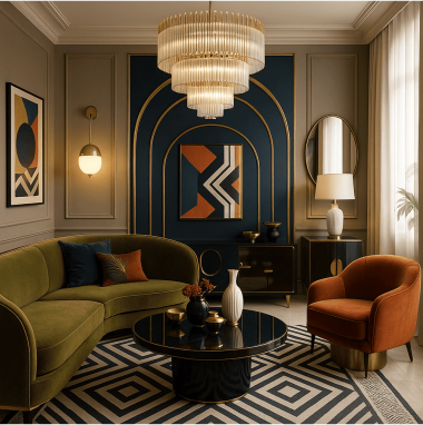 Parisian Art Deco Revival Living Room for 2 Oakland Estates villa in North Bangalore
