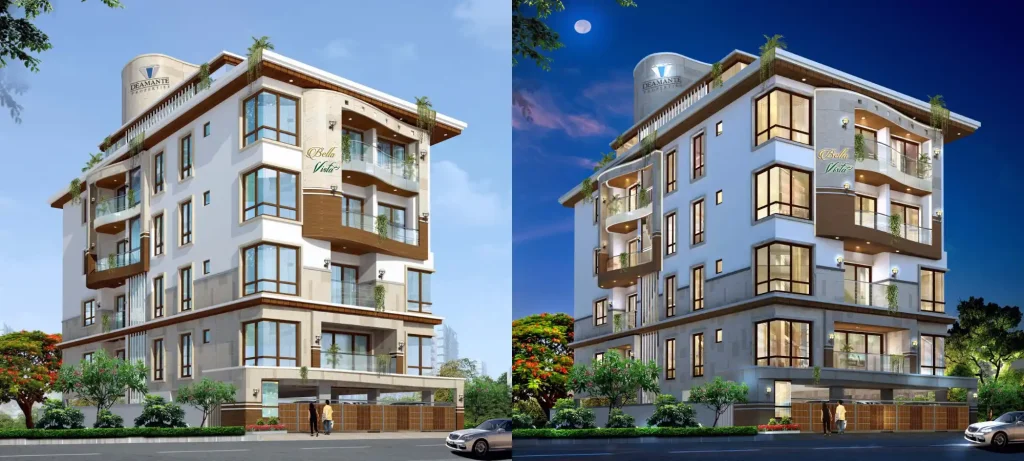 Bella Vista residential building exterior shown in daytime and nighttime views