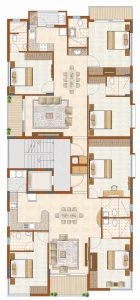 Bella Vista apartment floor plan showing bedrooms, bathrooms, kitchen, dining area, and living room