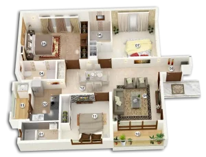 Bella Vista apartment floor plan with bedrooms, bathrooms, living room, dining area, and kitchen