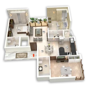 Irish Homes 3D apartment floor plan showing bedrooms, living room, dining area, kitchen, and bathrooms