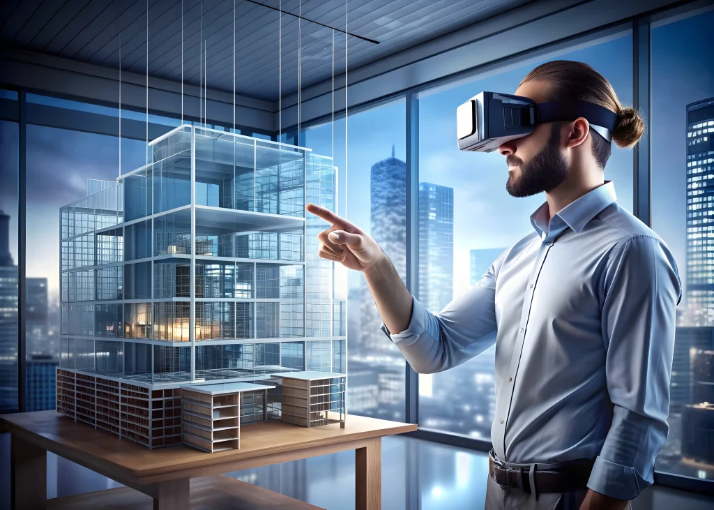 Architect using virtual reality glasses to visualize a building design.