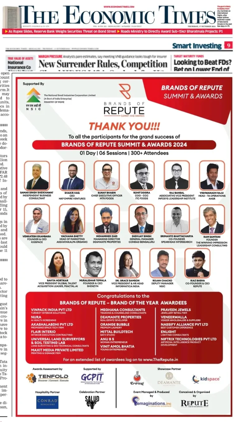 Brands of Repute Summit & Awards 2024 featuring Mohammed Zaid, Managing Director of Deamante Properties, among the business leaders and participants.