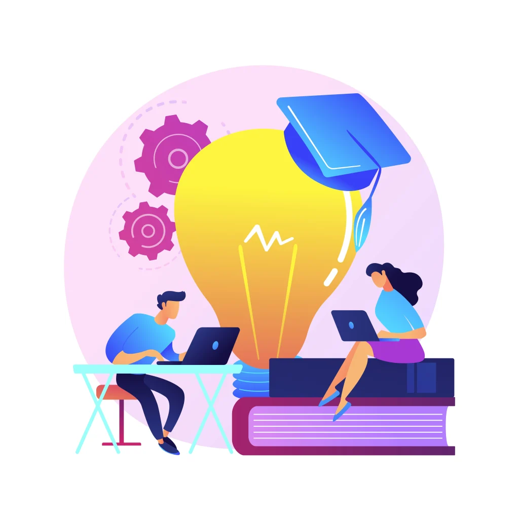 Students studying online with laptops and an education light bulb illustration