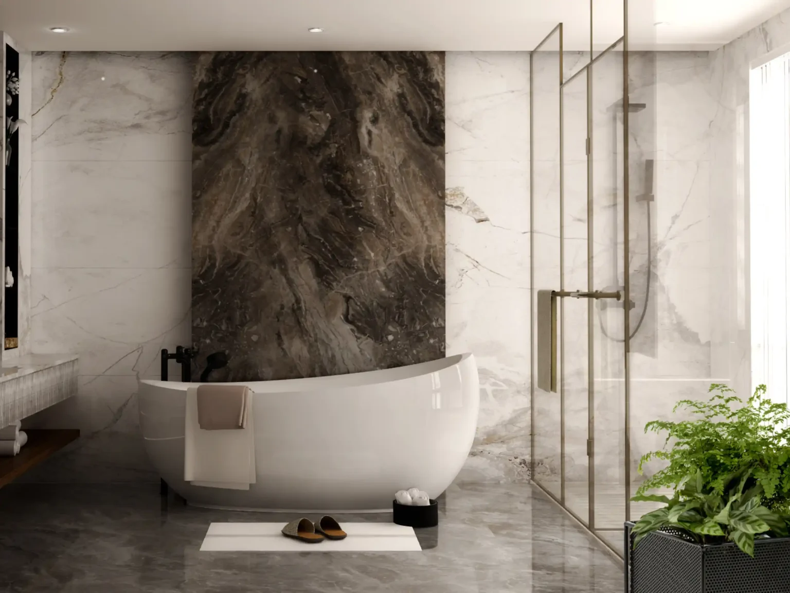 Luxury villa bathroom with freestanding tub and marble walls.