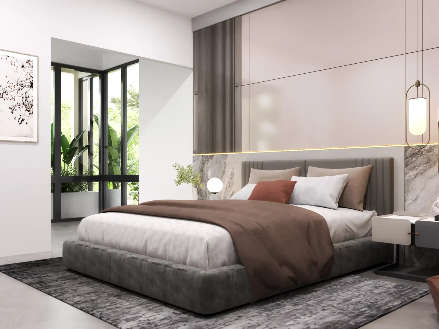 Luxury villa bedroom with soft lighting and contemporary design.