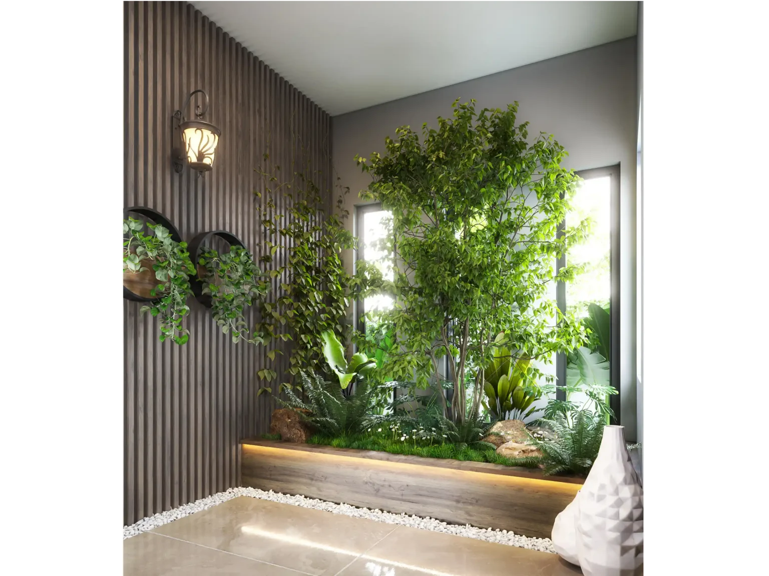 Luxury villa indoor garden with large plants and warm accent lighting.