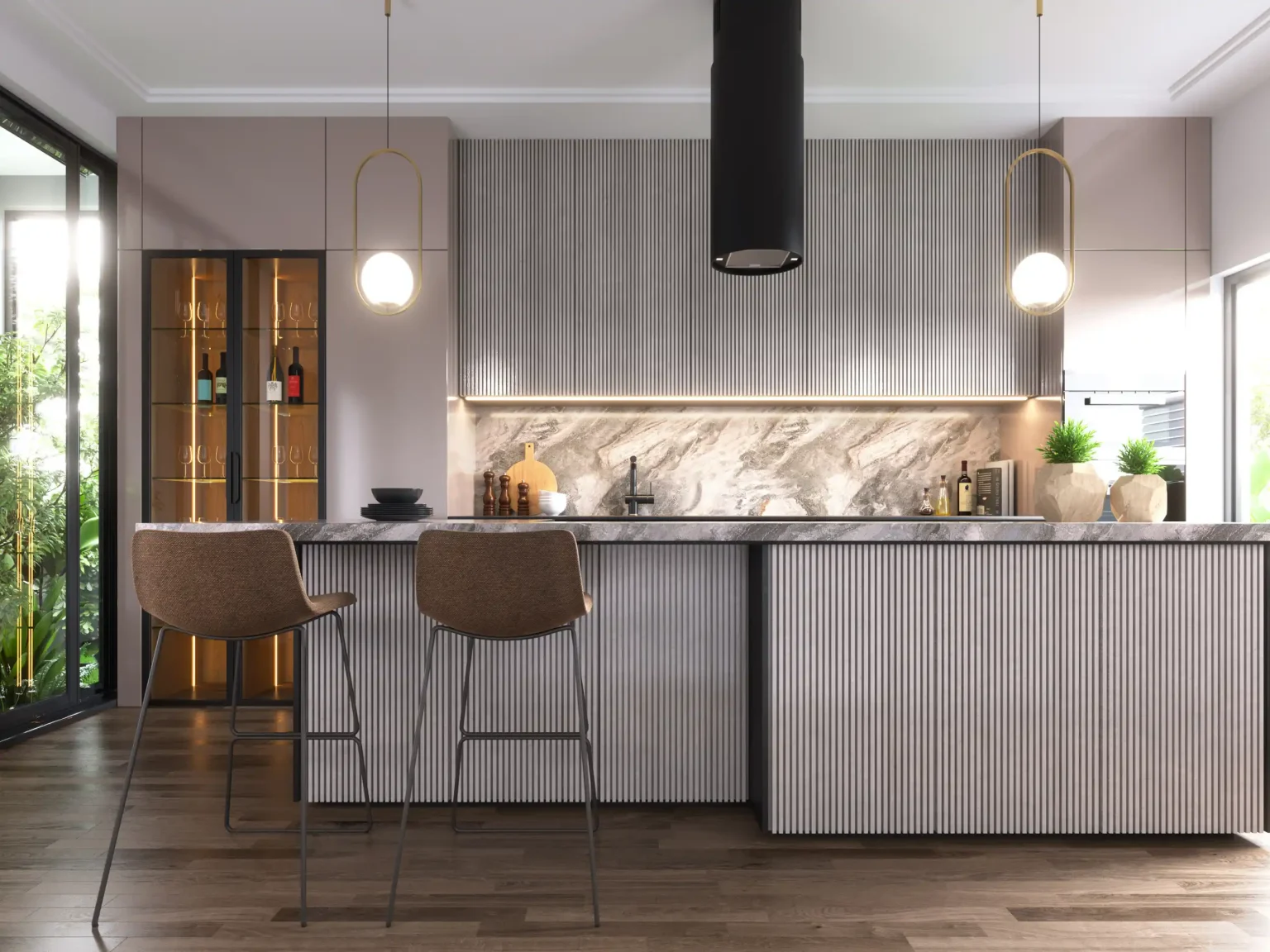 Luxury villa kitchen with marble backsplash and premium finishes.