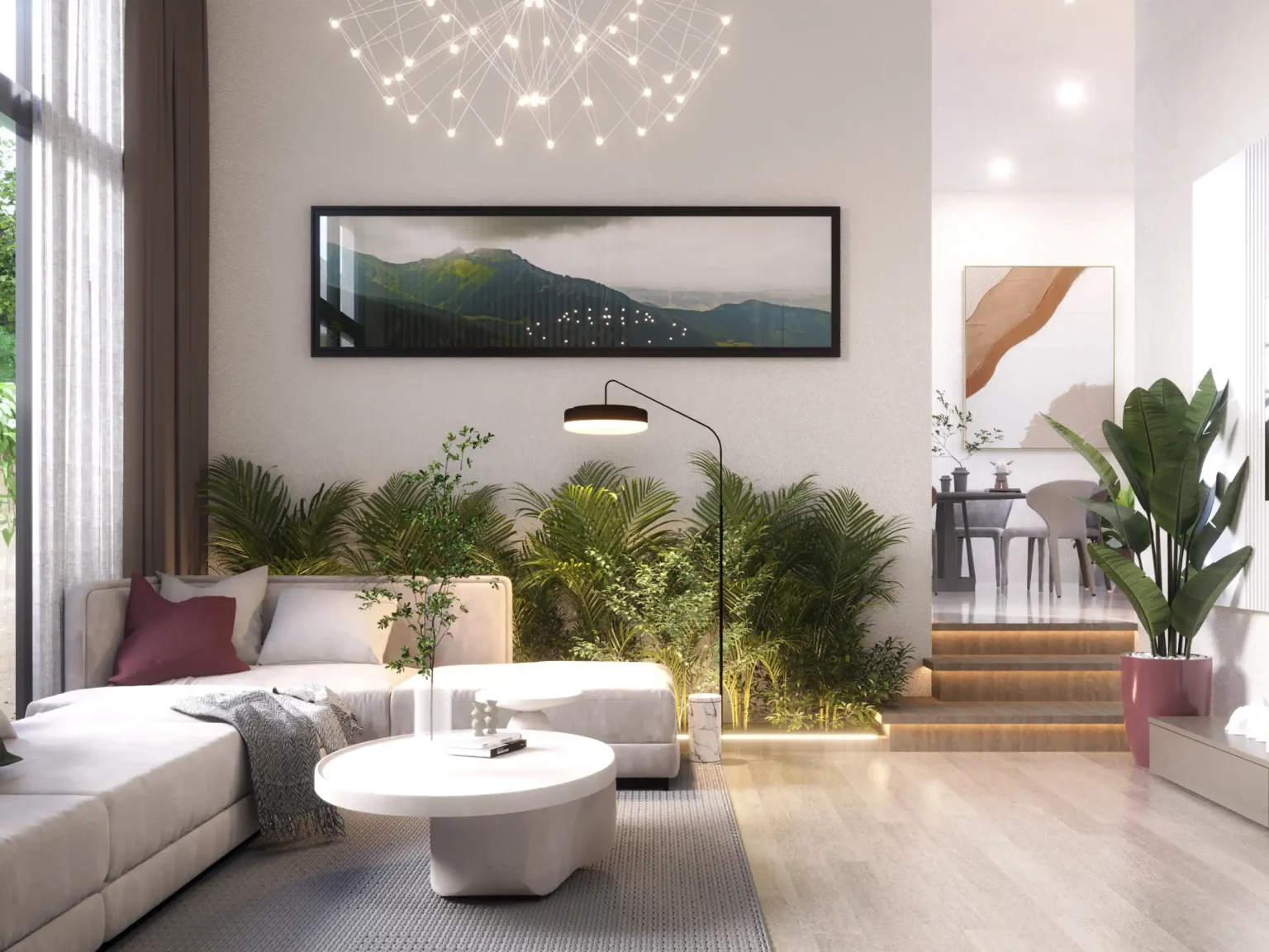 Luxury villa living room with modern decor and indoor greenery.