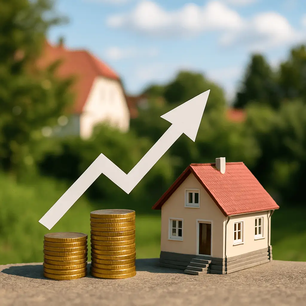 House property investment growth concept with rising arrow, stacked coins, and residential home.