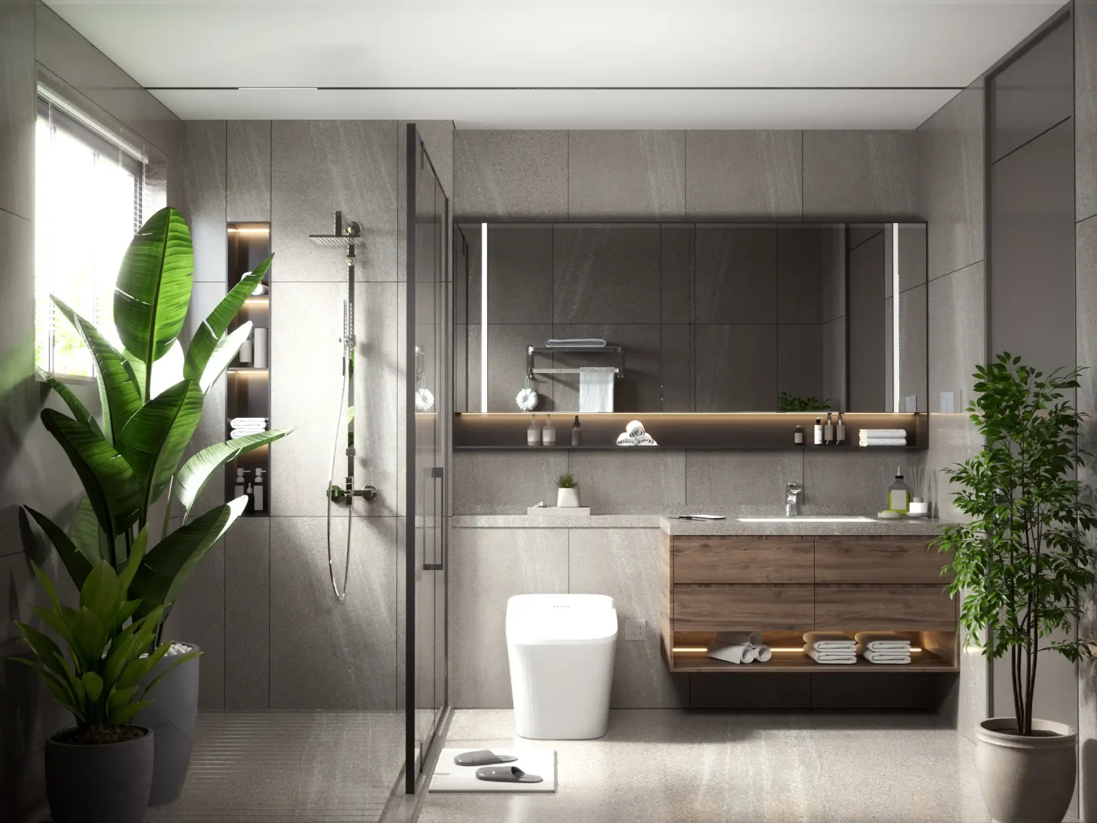 Modern luxury villa bathroom with glass shower and indoor plants.