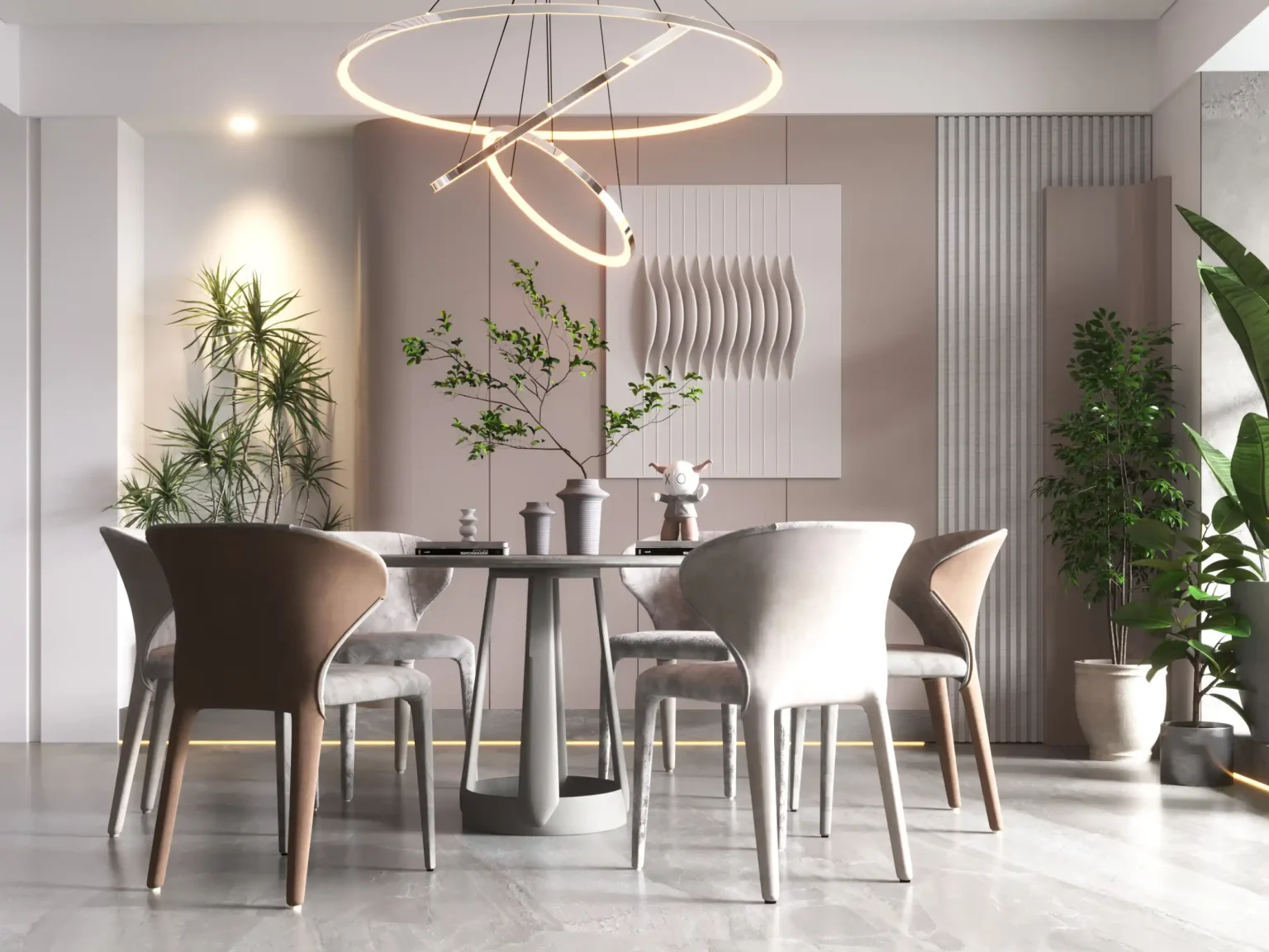 Modern luxury villa dining room with elegant lighting and plants.