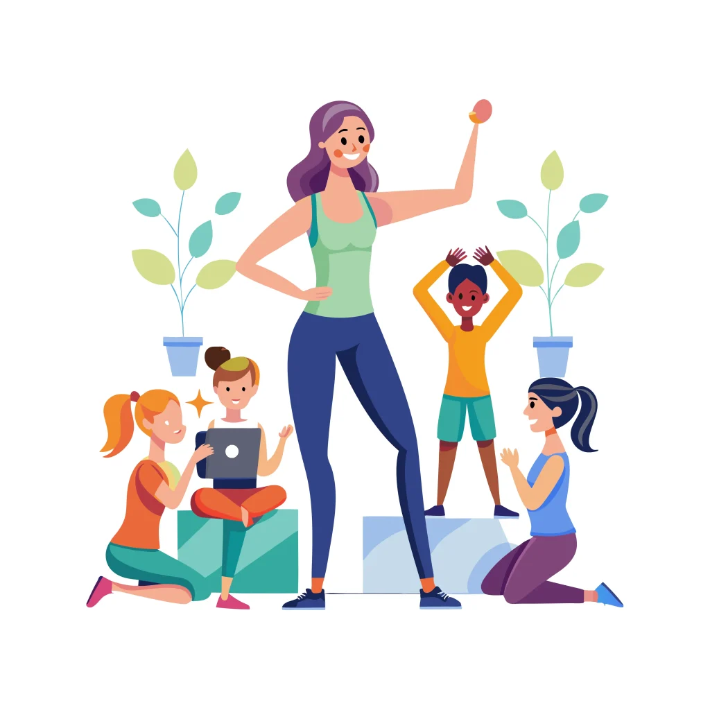 Mother and children exercising together in a healthy lifestyle illustration