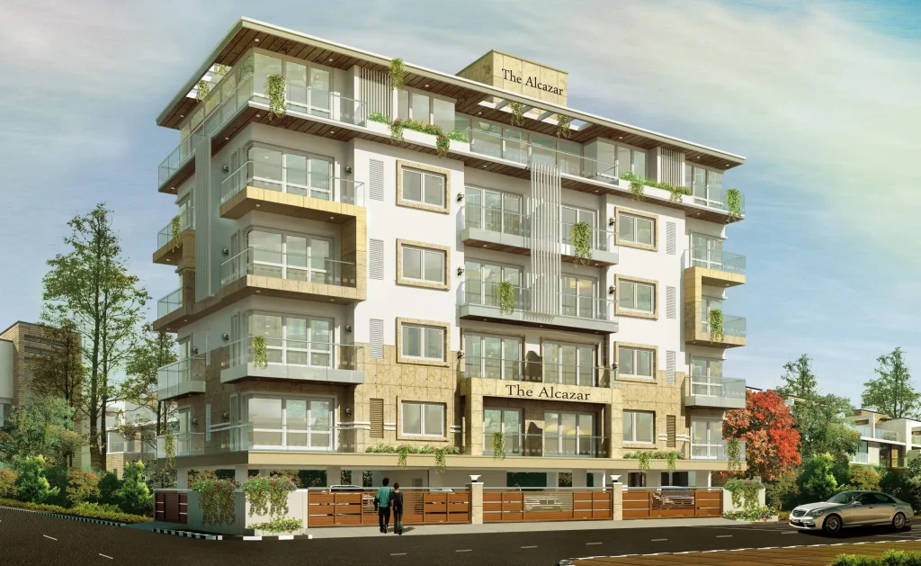 Modern luxury apartment building with balconies, landscaped surroundings, and contemporary residential architecture.