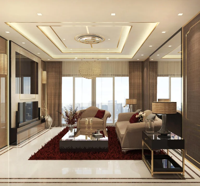 Luxury modern living room with beige sofas, a glass coffee table, dark red area rug, floor-to-ceiling windows, elegant gold accents, layered ceiling lighting, and contemporary interior décor.