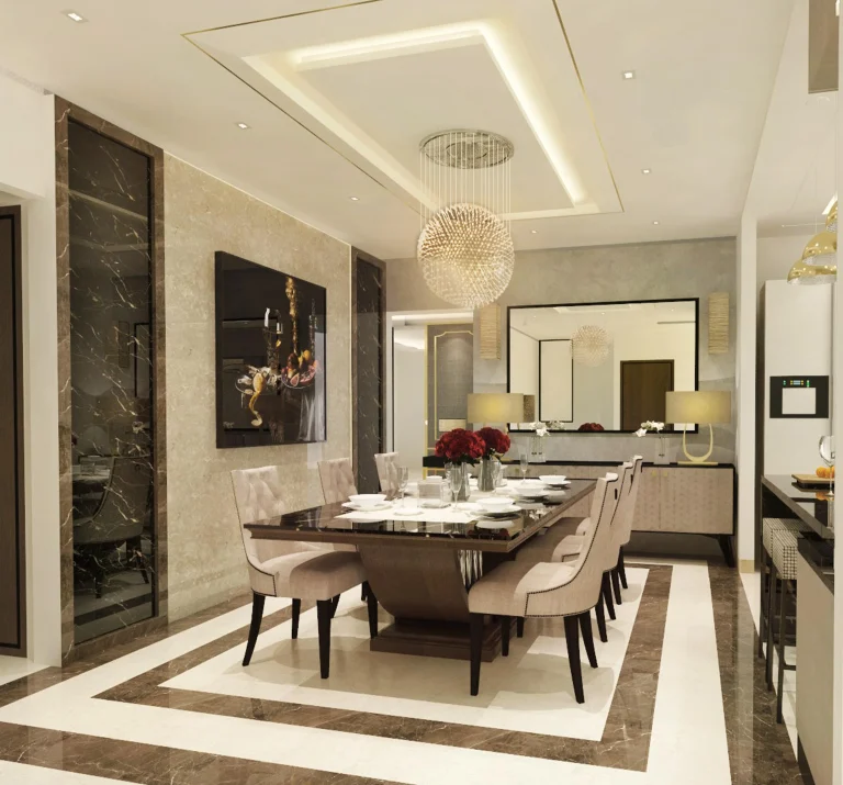 Luxury modern dining room with a large dark wood dining table, upholstered cream chairs, marble walls, mirrored cabinetry, elegant pendant lighting, and warm neutral interiors.