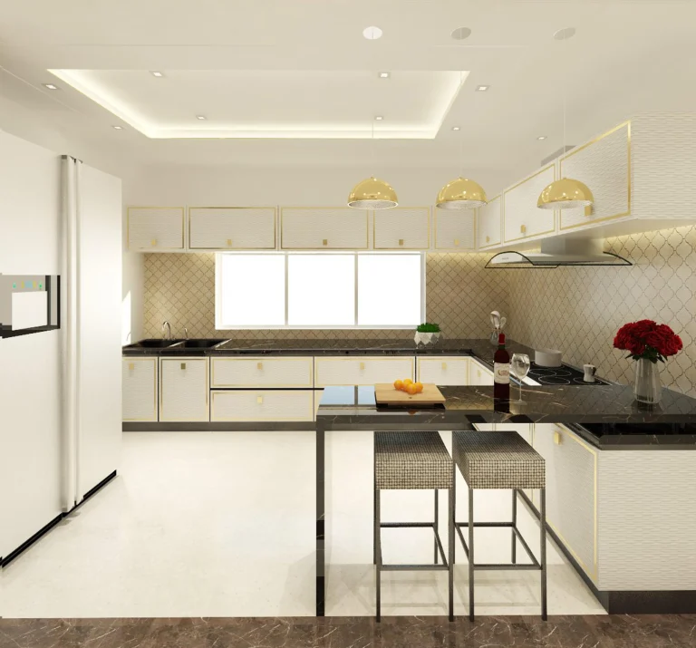 Modern luxury kitchen with white cabinetry, gold accents, black countertops, patterned backsplash tiles, pendant lighting, and a central breakfast island with bar stools.