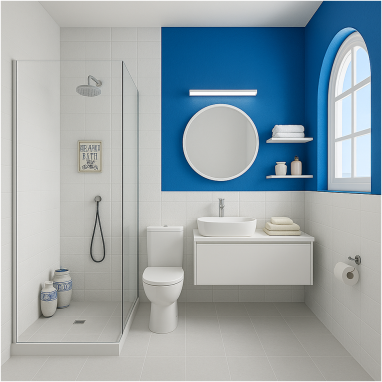 Greek Island White & Blue Bathroom Design for 2 oakland Estates